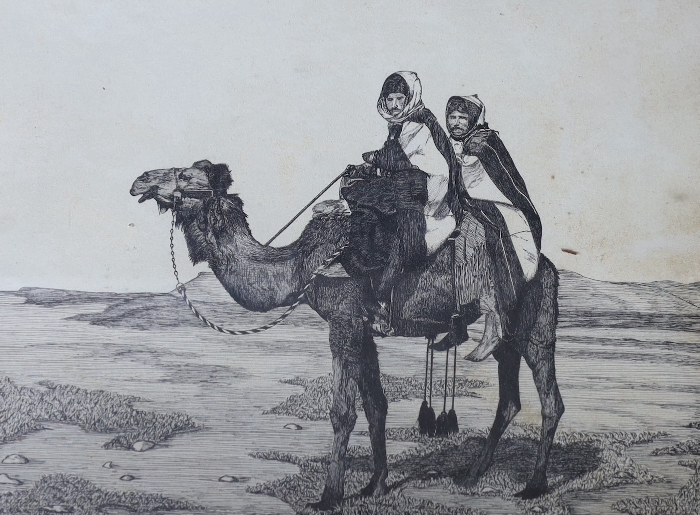 WVC 1926, four pen and ink drawings, Two men riding a camel and three views of mosques, largest 19 x 26cm